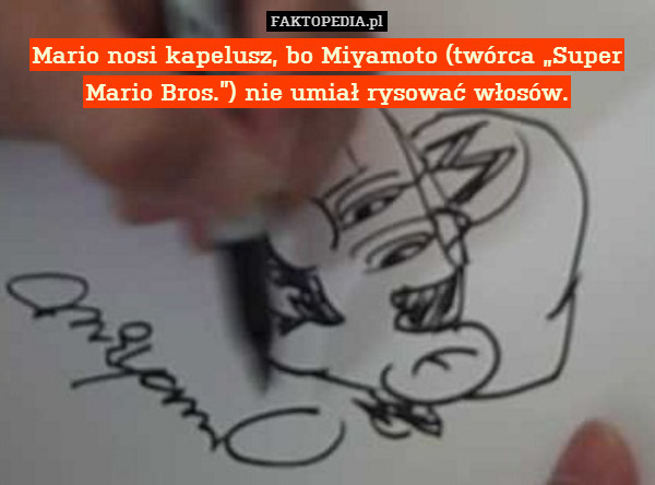 Mario nosi kapelusz, bo Miyamoto (twórca „Super Mario Bros.”) nie umiał rysować włosów. 