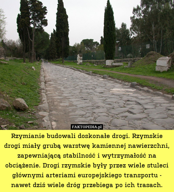 Rzymianie budowali doskonałe drogi. Rzymskie drogi miały grubą warstwę kamiennej nawierzchni, zapewniającą stabilność i wytrzymałość na obciążenie. Drogi rzymskie były przez wiele stuleci głównymi arteriami europejskiego transportu - nawet dziś wiele dróg przebiega po ich trasach. 