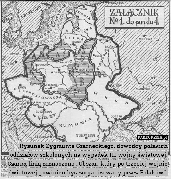 Rysunek Zygmunta Czarneckiego, dowódcy polskich oddziałów szkolonych na wypadek III wojny światowej. Czarną linią zaznaczono „Obszar, który po trzeciej wojnie światowej powinien być zorganizowany przez Polaków”. 