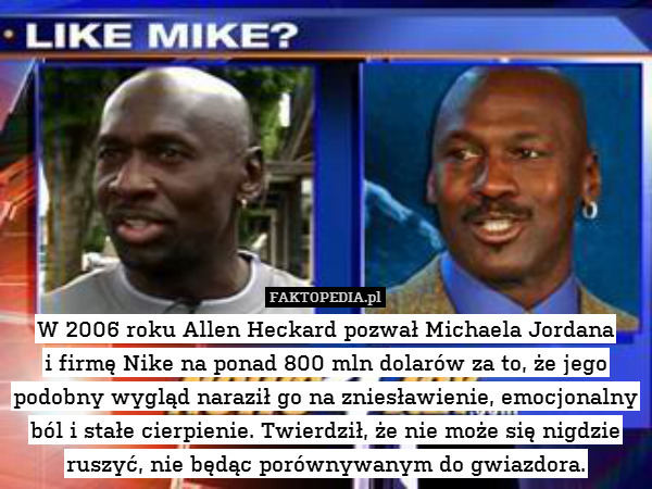 W 2006 roku Allen Heckard pozwał Michaela Jordana
i firmę Nike na ponad 800 mln dolarów za to, że jego podobny wygląd naraził go na zniesławienie, emocjonalny ból i stałe cierpienie. Twierdził, że nie może się nigdzie ruszyć, nie będąc porównywanym do gwiazdora. 