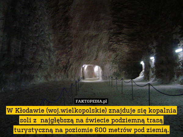 W Kłodawie (woj.wielkopolskie) znajduje się kopalnia soli z  najgłębszą na świecie podziemną trasą turystyczną na poziomie 600 metrów pod ziemią. 
