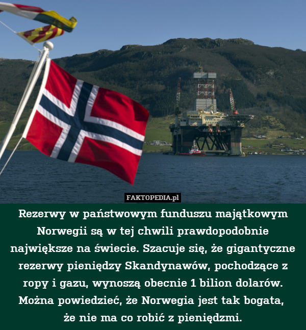 Rezerwy w państwowym funduszu majątkowym Norwegii są w tej chwili prawdopodobnie największe na świecie. Szacuje się, że gigantyczne rezerwy pieniędzy Skandynawów, pochodzące z ropy i gazu, wynoszą obecnie 1 bilion dolarów. Można powiedzieć, że Norwegia jest tak bogata, 
że nie ma co robić z pieniędzmi. 