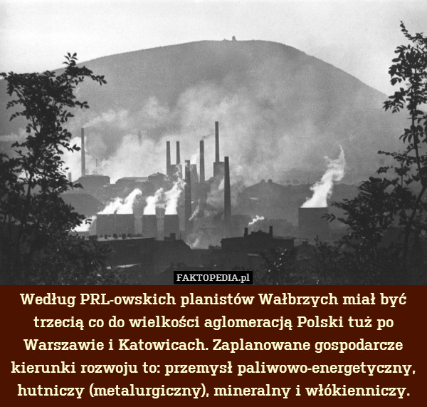Według PRL-owskich planistów Wałbrzych miał być trzecią co do wielkości aglomeracją Polski tuż po Warszawie i Katowicach. Zaplanowane gospodarcze kierunki rozwoju to: przemysł paliwowo-energetyczny, hutniczy (metalurgiczny), mineralny i włókienniczy. 