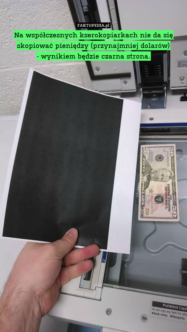 Na współczesnych kserokopiarkach nie da się skopiować pieniędzy (przynajmniej dolarów)
- wynikiem będzie czarna strona. 