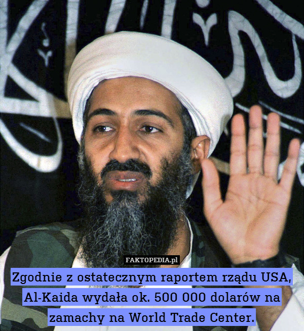 Zgodnie z ostatecznym raportem rządu USA, Al-Kaida wydała ok. 500 000 dolarów na zamachy na World Trade Center. 