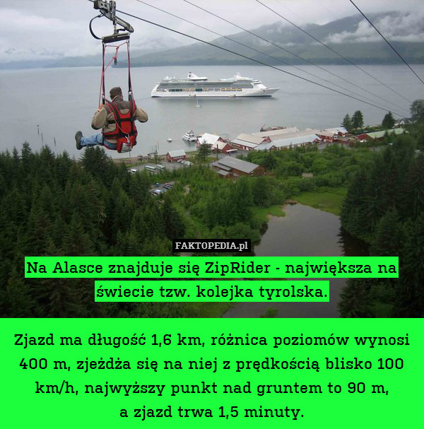 Na Alasce znajduje się ZipRider - największa na świecie tzw. kolejka tyrolska.

Zjazd ma długość 1,6 km, różnica poziomów wynosi 400 m, zjeżdża się na niej z prędkością blisko 100 km/h, najwyższy punkt nad gruntem to 90 m,
a zjazd trwa 1,5 minuty. 