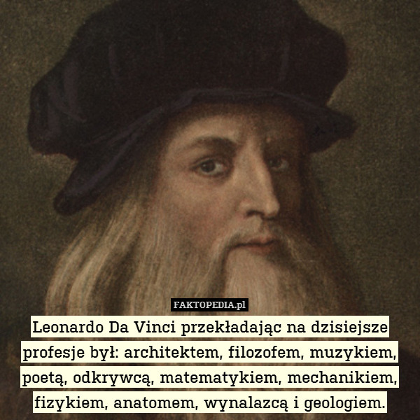 Leonardo Da Vinci przekładając na dzisiejsze profesje był: architektem, filozofem, muzykiem, poetą, odkrywcą, matematykiem, mechanikiem, fizykiem, anatomem, wynalazcą i geologiem. 