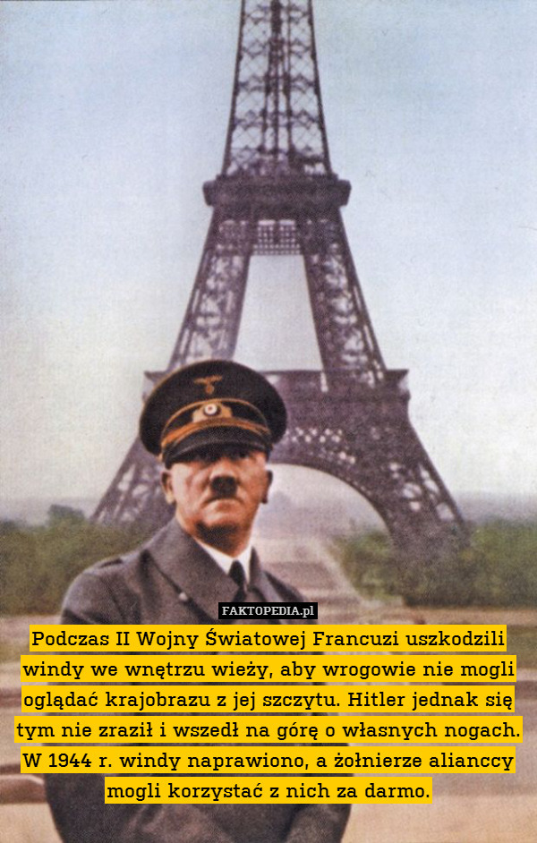 Podczas II Wojny Światowej Francuzi uszkodzili windy we wnętrzu wieży, aby wrogowie nie mogli oglądać krajobrazu z jej szczytu. Hitler jednak się tym nie zraził i wszedł na górę o własnych nogach. W 1944 r. windy naprawiono, a żołnierze alianccy mogli korzystać z nich za darmo. 