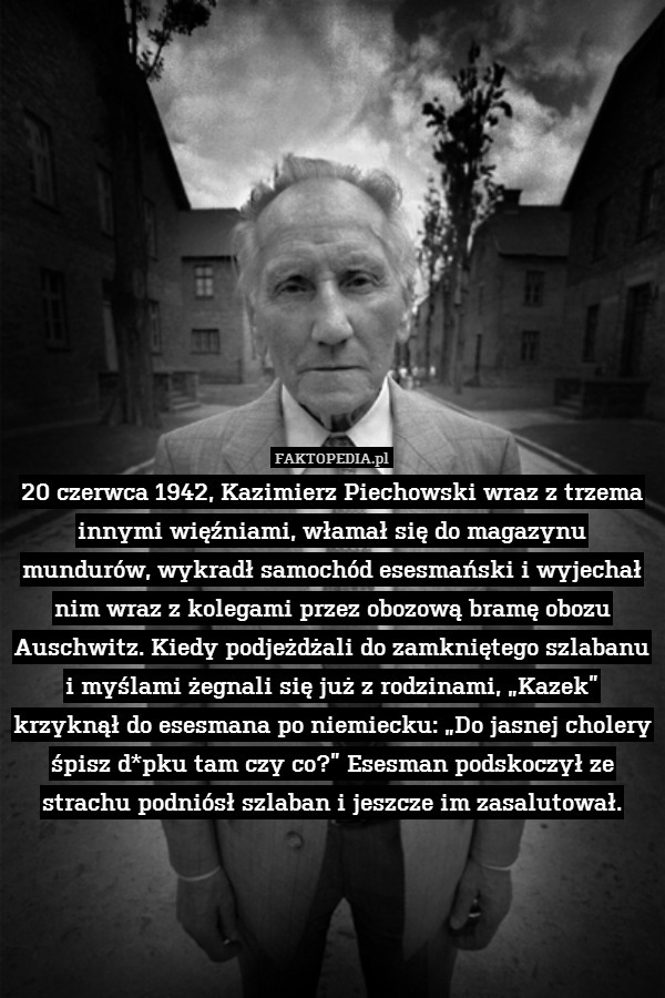 20 czerwca 1942, Kazimierz Piechowski wraz z trzema innymi więźniami, włamał się do magazynu mundurów, wykradł samochód esesmański i wyjechał nim wraz z kolegami przez obozową bramę obozu Auschwitz. Kiedy podjeżdżali do zamkniętego szlabanu i myślami żegnali się już z rodzinami, „Kazek” krzyknął do esesmana po niemiecku: „Do jasnej cholery śpisz d*pku tam czy co?” Esesman podskoczył ze strachu podniósł szlaban i jeszcze im zasalutował. 