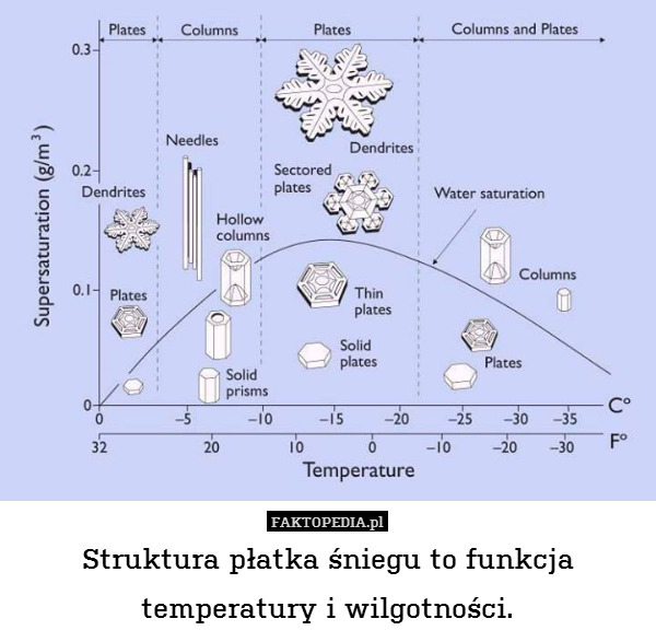 Struktura płatka śniegu to funkcja
temperatury i wilgotności. 