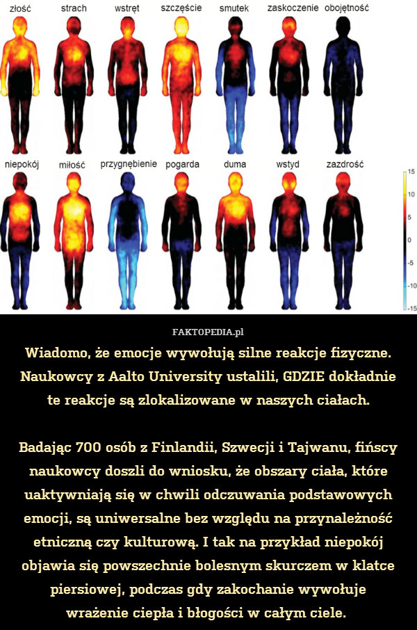 Wiadomo, że emocje wywołują silne reakcje fizyczne. Naukowcy z Aalto University ustalili, GDZIE dokładnie
te reakcje są zlokalizowane w naszych ciałach.

Badając 700 osób z Finlandii, Szwecji i Tajwanu, fińscy naukowcy doszli do wniosku, że obszary ciała, które uaktywniają się w chwili odczuwania podstawowych emocji, są uniwersalne bez względu na przynależność etniczną czy kulturową. I tak na przykład niepokój objawia się powszechnie bolesnym skurczem w klatce piersiowej, podczas gdy zakochanie wywołuje
wrażenie ciepła i błogości w całym ciele. 