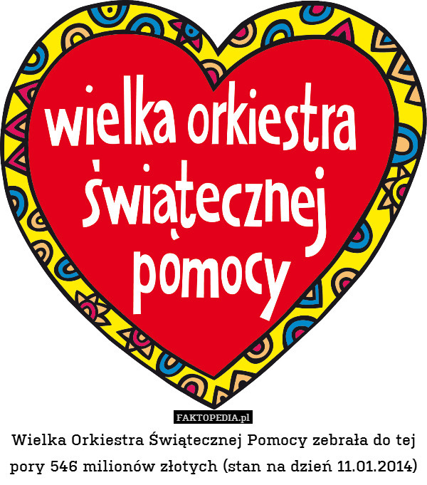 Wielka Orkiestra Świątecznej Pomocy zebrała do tej pory 546 milionów złotych (stan na dzień 11.01.2014) 