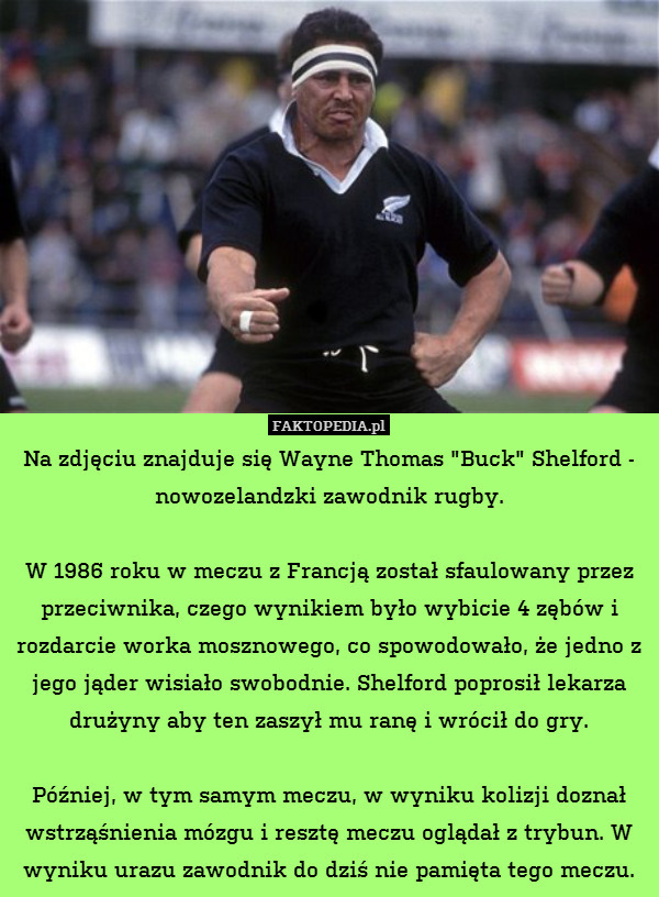 Na zdjęciu znajduje się Wayne Thomas "Buck" Shelford - nowozelandzki zawodnik rugby.

W 1986 roku w meczu z Francją został sfaulowany przez przeciwnika, czego wynikiem było wybicie 4 zębów i rozdarcie worka mosznowego, co spowodowało, że jedno z jego jąder wisiało swobodnie. Shelford poprosił lekarza drużyny aby ten zaszył mu ranę i wrócił do gry.

Później, w tym samym meczu, w wyniku kolizji doznał wstrząśnienia mózgu i resztę meczu oglądał z trybun. W wyniku urazu zawodnik do dziś nie pamięta tego meczu. 