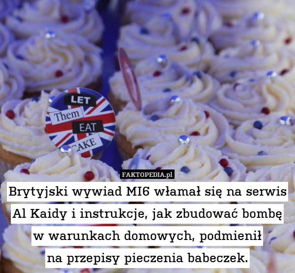 Brytyjski wywiad MI6 włamał się na serwis Al Kaidy i instrukcje, jak zbudować bombę
w warunkach domowych, podmienił
na przepisy pieczenia babeczek. 