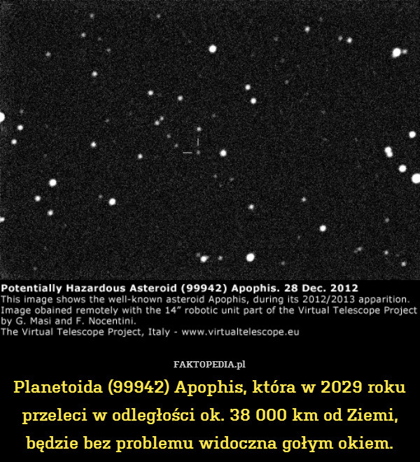 Planetoida (99942) Apophis, która w 2029 roku przeleci w odległości ok. 38 000 km od Ziemi, będzie bez problemu widoczna gołym okiem. 