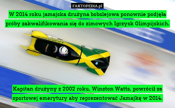 W 2014 roku jamajska drużyna bobslejowa ponownie podjęła próby zakwalifikowania się do zimowych Igrzysk Olimpijskich.






Kapitan drużyny z 2002 roku, Winston Watts, powrócił ze sportowej emerytury aby reprezentować Jamajkę w 2014. 