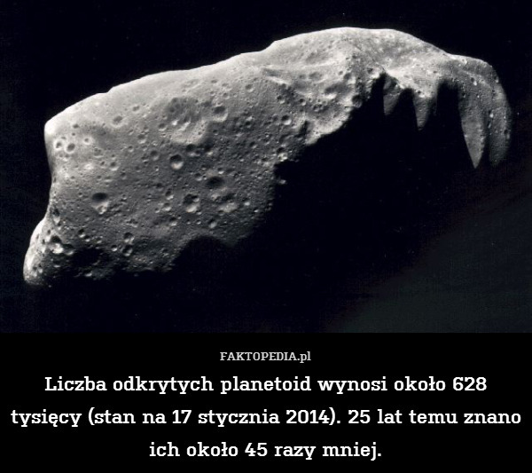 Liczba odkrytych planetoid wynosi około 628 tysięcy (stan na 17 stycznia 2014). 25 lat temu znano ich około 45 razy mniej. 