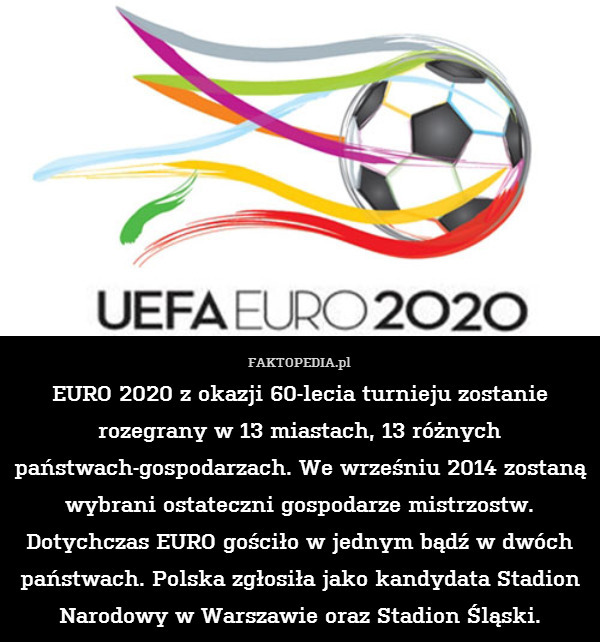 EURO 2020 z okazji 60-lecia turnieju zostanie rozegrany w 13 miastach, 13 różnych państwach-gospodarzach. We wrześniu 2014 zostaną wybrani ostateczni gospodarze mistrzostw. Dotychczas EURO gościło w jednym bądź w dwóch państwach. Polska zgłosiła jako kandydata Stadion Narodowy w Warszawie oraz Stadion Śląski. 
