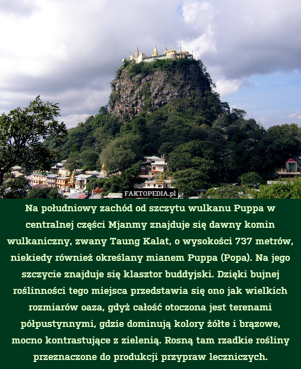 Na południowy zachód od szczytu wulkanu Puppa w centralnej części Mjanmy znajduje się dawny komin wulkaniczny, zwany Taung Kalat, o wysokości 737 metrów, niekiedy również określany mianem Puppa (Popa). Na jego szczycie znajduje się klasztor buddyjski. Dzięki bujnej roślinności tego miejsca przedstawia się ono jak wielkich rozmiarów oaza, gdyż całość otoczona jest terenami półpustynnymi, gdzie dominują kolory żółte i brązowe, mocno kontrastujące z zielenią. Rosną tam rzadkie rośliny przeznaczone do produkcji przypraw leczniczych. 