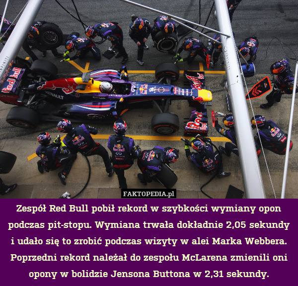 Zespół Red Bull pobił rekord w szybkości wymiany opon podczas pit-stopu. Wymiana trwała dokładnie 2,05 sekundy i udało się to zrobić podczas wizyty w alei Marka Webbera. Poprzedni rekord należał do zespołu McLarena zmienili oni opony w bolidzie Jensona Buttona w 2,31 sekundy. 