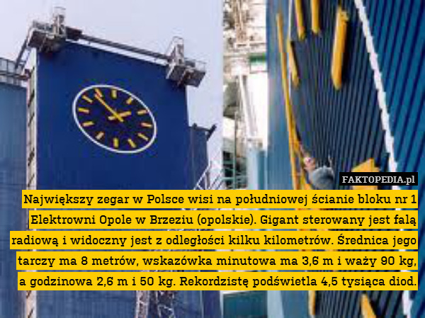 Największy zegar w Polsce wisi na południowej ścianie bloku nr 1 Elektrowni Opole w Brzeziu (opolskie). Gigant sterowany jest falą radiową i widoczny jest z odległości kilku kilometrów. Średnica jego tarczy ma 8 metrów, wskazówka minutowa ma 3,6 m i waży 90 kg, a godzinowa 2,6 m i 50 kg. Rekordzistę podświetla 4,5 tysiąca diod. 