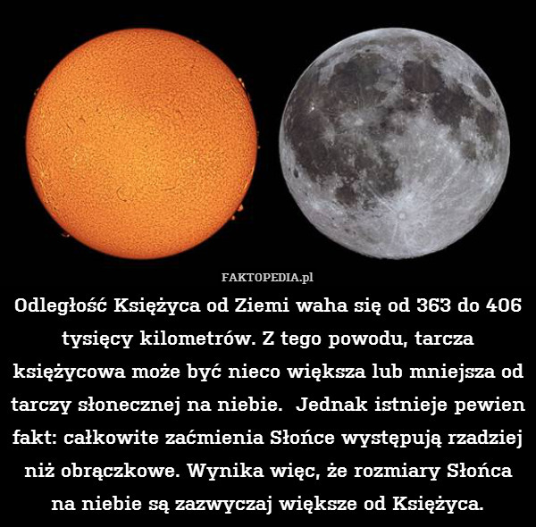 Odległość Księżyca od Ziemi waha się od 363 do 406 tysięcy kilometrów. Z tego powodu, tarcza księżycowa może być nieco większa lub mniejsza od tarczy słonecznej na niebie.  Jednak istnieje pewien fakt: całkowite zaćmienia Słońce występują rzadziej niż obrączkowe. Wynika więc, że rozmiary Słońca na niebie są zazwyczaj większe od Księżyca. 