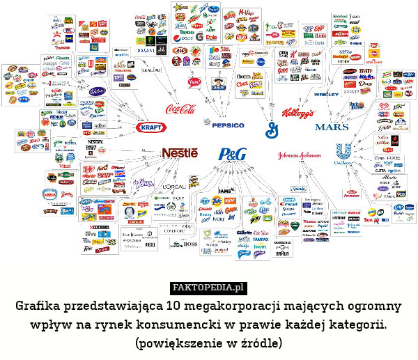 Grafika przedstawiająca 10 megakorporacji mających ogromny wpływ na rynek konsumencki w prawie każdej kategorii.
(powiększenie w źródle) 