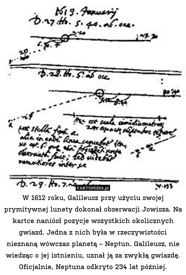 W 1612 roku, Galileusz przy użyciu swojej prymitywnej lunety dokonał obserwacji Jowisza. Na kartce naniósł pozycje wszystkich okolicznych gwiazd. Jedna z nich była w rzeczywistości nieznaną wówczas planetą – Neptun. Galileusz, nie wiedząc o jej istnieniu, uznał ją za zwykłą gwiazdę. Oficjalnie, Neptuna odkryto 234 lat później. 