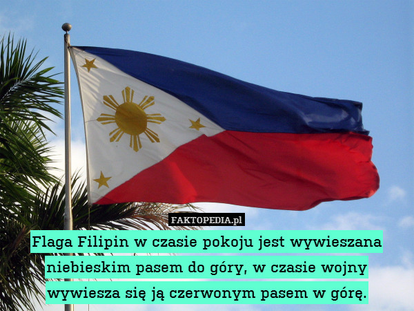Flaga Filipin w czasie pokoju jest wywieszana niebieskim pasem do góry, w czasie wojny wywiesza się ją czerwonym pasem w górę. 