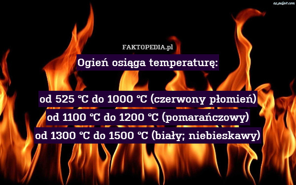 Ogień osiąga temperaturę:

od 525 °C do 1000 °C (czerwony płomień)
od 1100 °C do 1200 °C (pomarańczowy)
od 1300 °C do 1500 °C (biały; niebieskawy) 