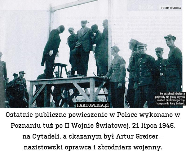 Ostatnie publiczne powieszenie w Polsce wykonano w Poznaniu tuż po II Wojnie Światowej, 21 lipca 1946,
na Cytadeli, a skazanym był Artur Greiser – nazistowski oprawca i zbrodniarz wojenny. 