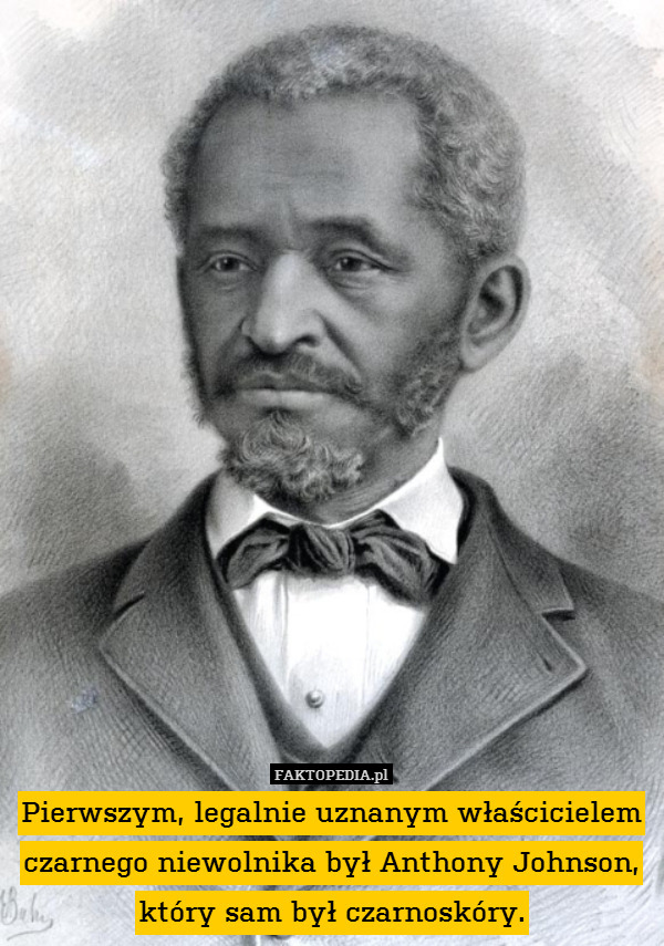 Pierwszym, legalnie uznanym właścicielem czarnego niewolnika był Anthony Johnson, który sam był czarnoskóry. 