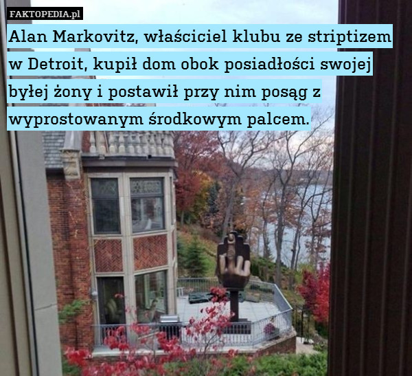 Alan Markovitz, właściciel klubu ze striptizem w Detroit, kupił dom obok posiadłości swojej byłej żony i postawił przy nim posąg z wyprostowanym środkowym palcem. 