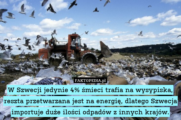 W Szwecji jedynie 4% śmieci trafia na wysypiska, reszta przetwarzana jest na energię, dlatego Szwecja importuje duże ilości odpadów z innych krajów. 
