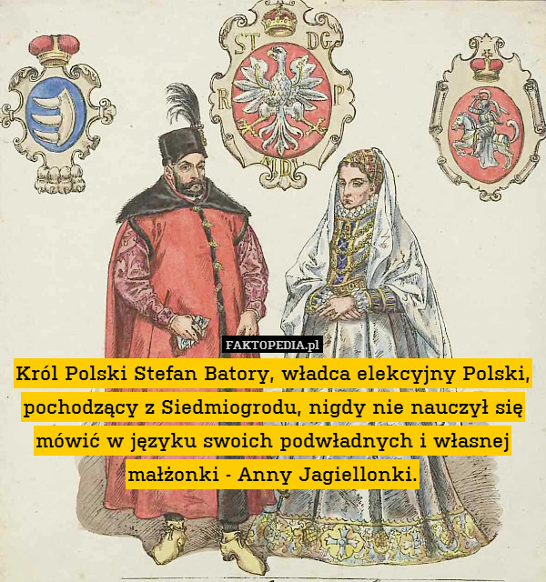 Król Polski Stefan Batory, władca elekcyjny Polski, pochodzący z Siedmiogrodu, nigdy nie nauczył się mówić w języku swoich podwładnych i własnej małżonki - Anny Jagiellonki. 