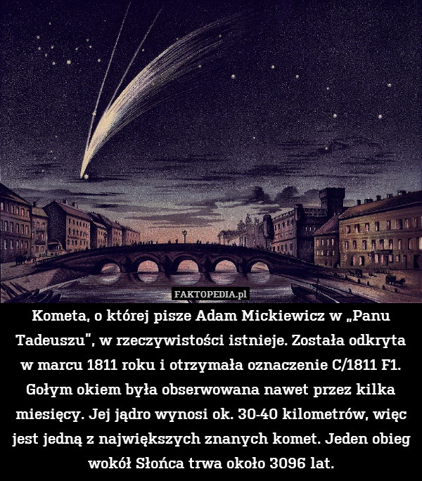 Kometa, o której pisze Adam Mickiewicz w „Panu Tadeuszu”, w rzeczywistości istnieje. Została odkryta w marcu 1811 roku i otrzymała oznaczenie C/1811 F1. Gołym okiem była obserwowana nawet przez kilka miesięcy. Jej jądro wynosi ok. 30-40 kilometrów, więc jest jedną z największych znanych komet. Jeden obieg wokół Słońca trwa około 3096 lat. 