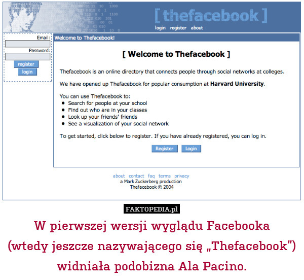W pierwszej wersji wyglądu Facebooka
(wtedy jeszcze nazywającego się „Thefacebook”)
widniała podobizna Ala Pacino. 