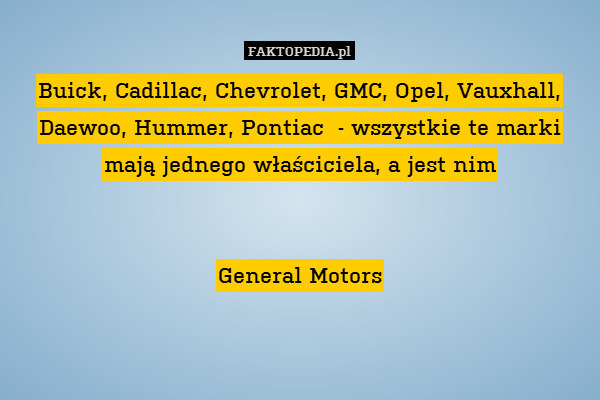Buick, Cadillac, Chevrolet, GMC, Opel, Vauxhall, Daewoo, Hummer, Pontiac  - wszystkie te marki mają jednego właściciela, a jest nim


General Motors 