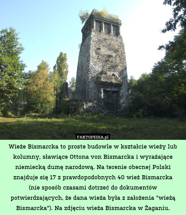 Wieże Bismarcka to proste budowle w kształcie wieży lub kolumny, sławiące Ottona von Bismarcka i wyrażające niemiecką dumę narodową. Na terenie obecnej Polski znajduje się 17 z prawdopodobnych 40 wież Bismarcka
(nie sposób czasami dotrzeć do dokumentów potwierdzających, że dana wieża była z założenia "wieżą Bismarcka"). Na zdjęciu wieża Bismarcka w Żaganiu. 