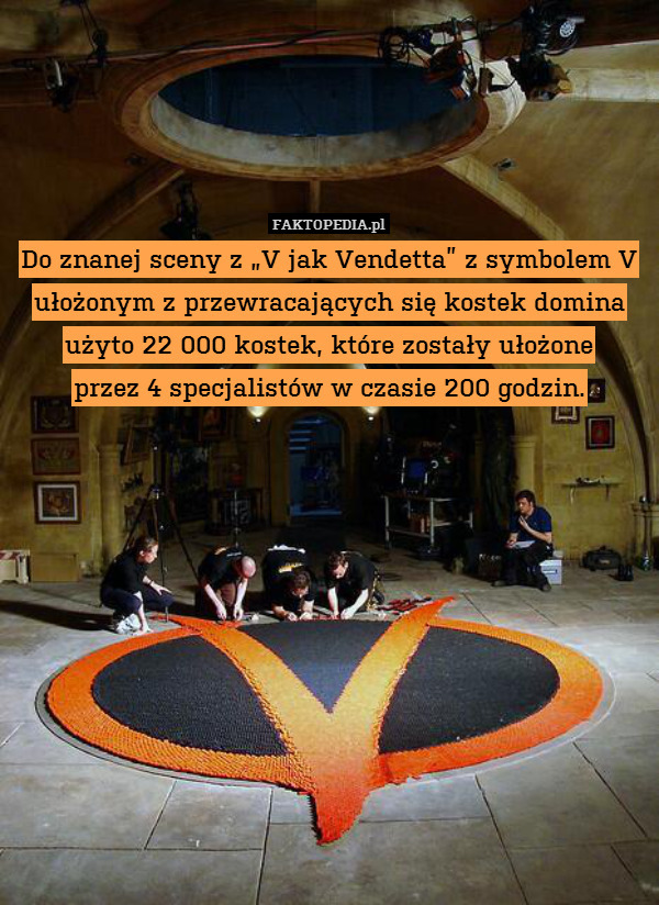 Do znanej sceny z „V jak Vendetta” z symbolem V ułożonym z przewracających się kostek domina użyto 22 000 kostek, które zostały ułożone
przez 4 specjalistów w czasie 200 godzin. 