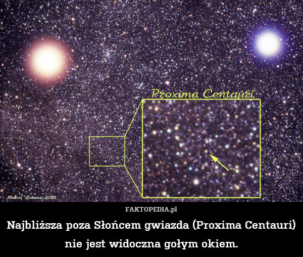 Najbliższa poza Słońcem gwiazda (Proxima Centauri) nie jest widoczna gołym okiem. 