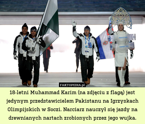 18-letni Muhammad Karim (na zdjęciu z flagą) jest jedynym przedstawicielem Pakistanu na Igrzyskach Olimpijskich w Soczi. Narciarz nauczył się jazdy na drewnianych nartach zrobionych przez jego wujka. 