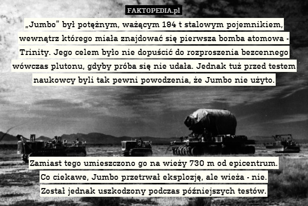 „Jumbo” był potężnym, ważącym 194 t stalowym pojemnikiem, wewnątrz którego miała znajdować się pierwsza bomba atomowa - Trinity. Jego celem było nie dopuścić do rozproszenia bezcennego wówczas plutonu, gdyby próba się nie udała. Jednak tuż przed testem naukowcy byli tak pewni powodzenia, że Jumbo nie użyto.





Zamiast tego umieszczono go na wieży 730 m od epicentrum.
Co ciekawe, Jumbo przetrwał eksplozję, ale wieża - nie.
Został jednak uszkodzony podczas późniejszych testów. 