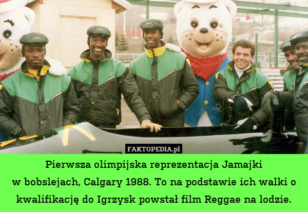 Pierwsza olimpijska reprezentacja Jamajki
w bobslejach, Calgary 1988. To na podstawie ich walki o kwalifikację do Igrzysk powstał film Reggae na lodzie. 