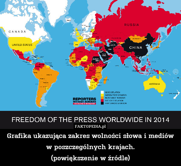 Grafika ukazująca zakres wolności słowa i mediów w poszczególnych krajach.
(powiększenie w źródle) 