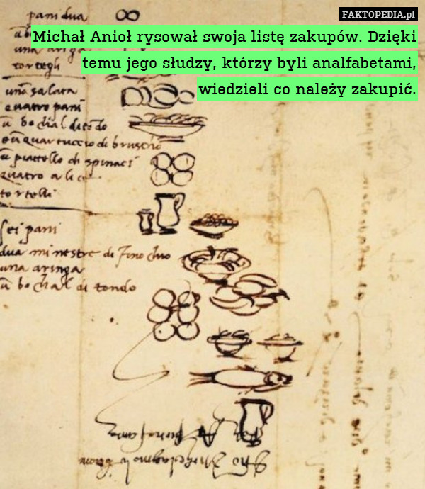 Michał Anioł rysował swoja listę zakupów. Dzięki temu jego słudzy, którzy byli analfabetami, wiedzieli co należy zakupić. 