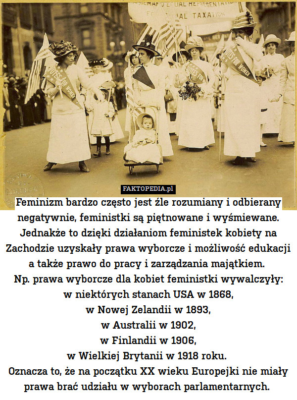 Feminizm bardzo często jest źle rozumiany i odbierany negatywnie, feministki są piętnowane i wyśmiewane. Jednakże to dzięki działaniom feministek kobiety na Zachodzie uzyskały prawa wyborcze i możliwość edukacji a także prawo do pracy i zarządzania majątkiem. 
Np. prawa wyborcze dla kobiet feministki wywalczyły:
w niektórych stanach USA w 1868,
w Nowej Zelandii w 1893,
w Australii w 1902,
w Finlandii w 1906,
w Wielkiej Brytanii w 1918 roku. 
Oznacza to, że na początku XX wieku Europejki nie miały prawa brać udziału w wyborach parlamentarnych. 