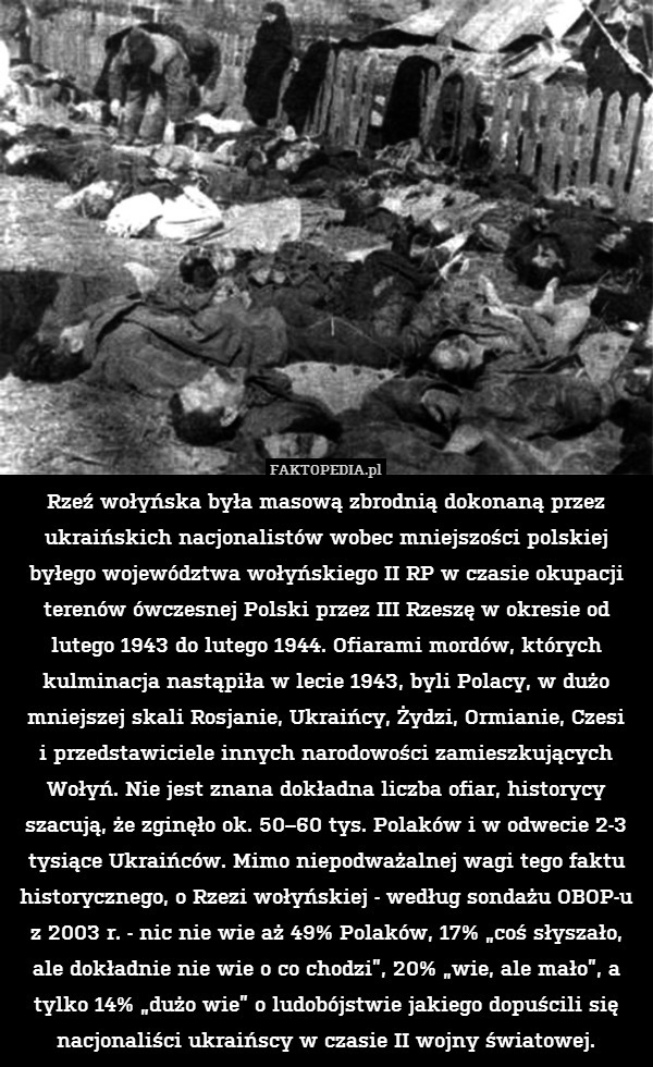 Rzeź wołyńska była masową zbrodnią dokonaną przez ukraińskich nacjonalistów wobec mniejszości polskiej byłego województwa wołyńskiego II RP w czasie okupacji terenów ówczesnej Polski przez III Rzeszę w okresie od lutego 1943 do lutego 1944. Ofiarami mordów, których kulminacja nastąpiła w lecie 1943, byli Polacy, w dużo mniejszej skali Rosjanie, Ukraińcy, Żydzi, Ormianie, Czesi
i przedstawiciele innych narodowości zamieszkujących Wołyń. Nie jest znana dokładna liczba ofiar, historycy szacują, że zginęło ok. 50–60 tys. Polaków i w odwecie 2-3 tysiące Ukraińców. Mimo niepodważalnej wagi tego faktu historycznego, o Rzezi wołyńskiej - według sondażu OBOP-u
z 2003 r. - nic nie wie aż 49% Polaków, 17% „coś słyszało, ale dokładnie nie wie o co chodzi”, 20% „wie, ale mało”, a tylko 14% „dużo wie” o ludobójstwie jakiego dopuścili się nacjonaliści ukraińscy w czasie II wojny światowej. 
