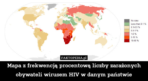 Mapa z frekwencją procentową liczby zarażonych obywateli wirusem HIV w danym państwie 