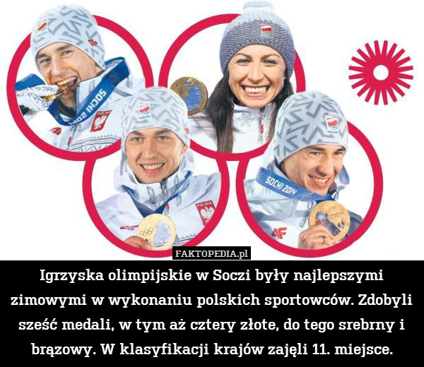 Igrzyska olimpijskie w Soczi były najlepszymi zimowymi w wykonaniu polskich sportowców. Zdobyli sześć medali, w tym aż cztery złote, do tego srebrny i brązowy. W klasyfikacji krajów zajęli 11. miejsce. 